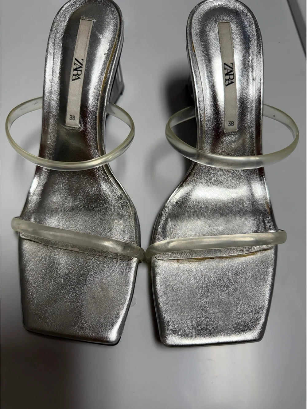 Zara Silver Clear Strap Wedge Heel Mule Sandals EU 38 US 7.5